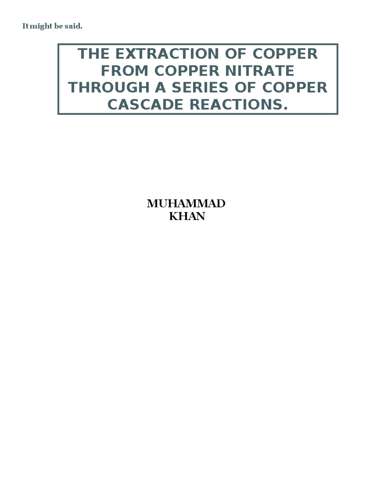 Chemistry Assignment 1: Extraction of Copper via Cascade Reactions ...