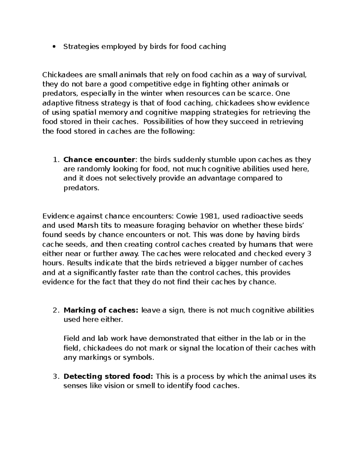 Strategies for Food Caching in Chickadees: Cognitive Approaches and ...
