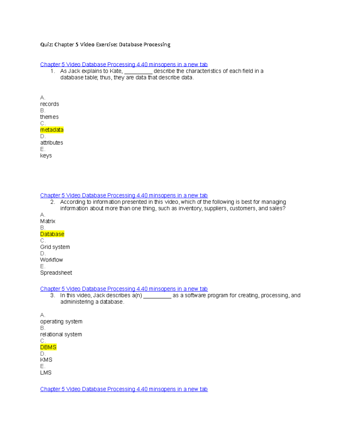 Chapter 5 Quiz: Video Exercise on Database Processing - Studocu
