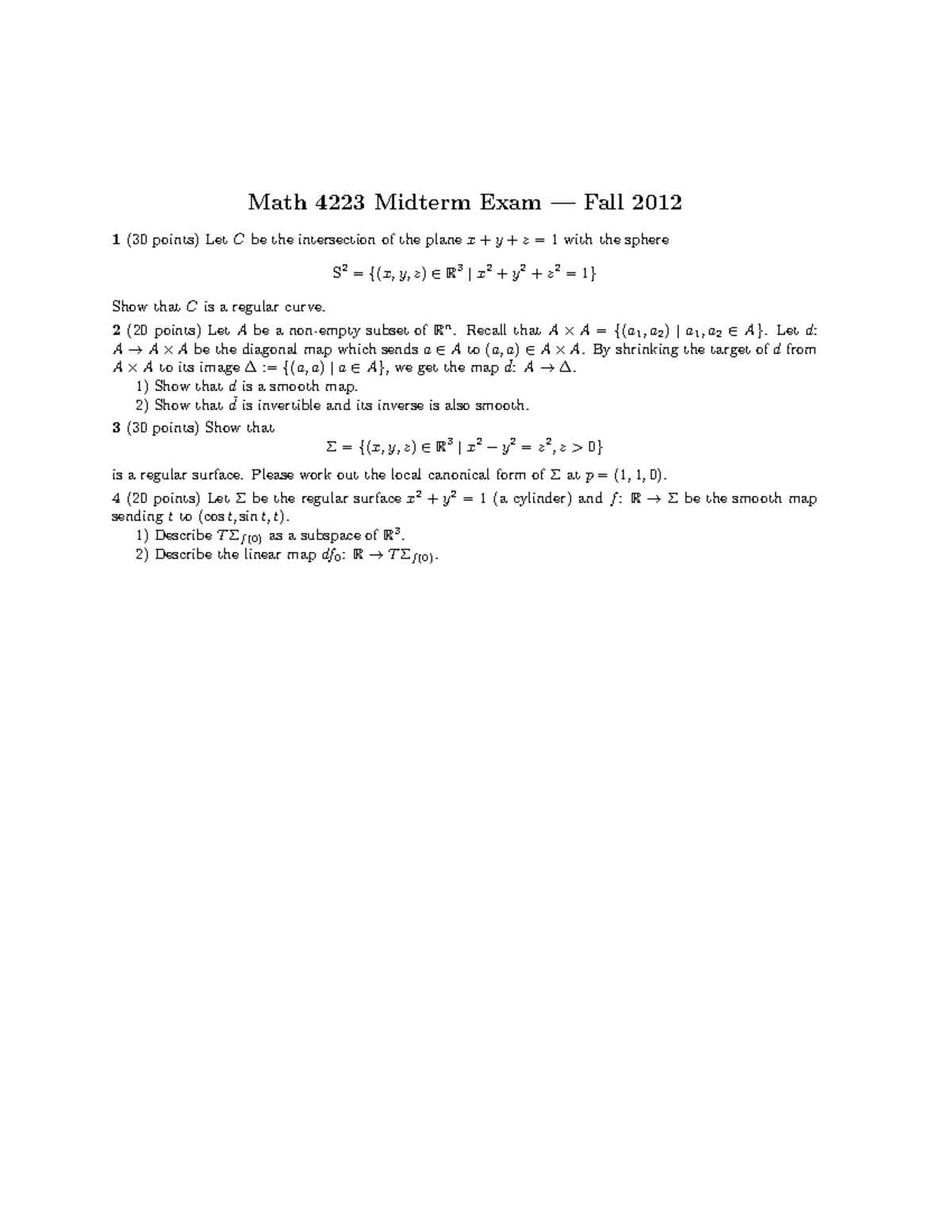 Math 4223 Midterm Exam Fall 2012: Questions & Solutions - Studocu