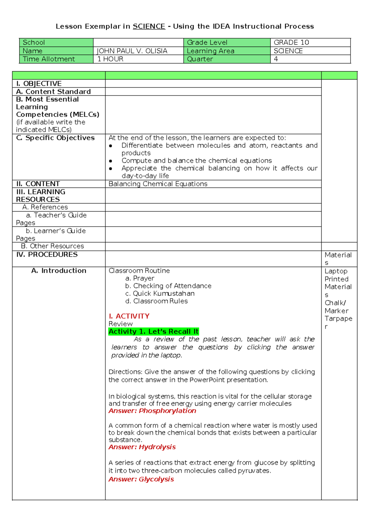 Lesson Plan on Chemical Balancing for GRADE 10 SCIENCE (4) - Studocu
