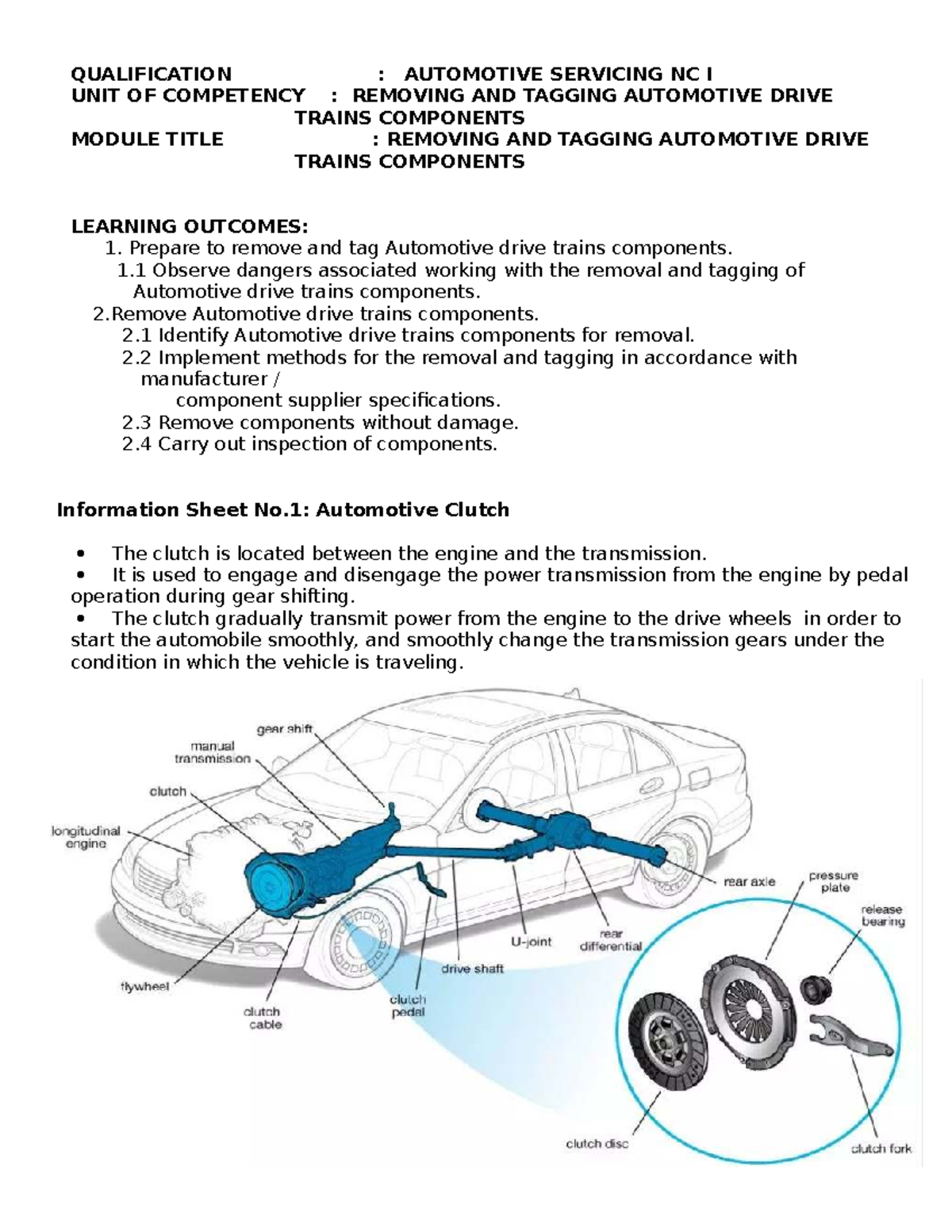 Automotive Servicing NC I: Removing & Tagging Drive Train Components ...
