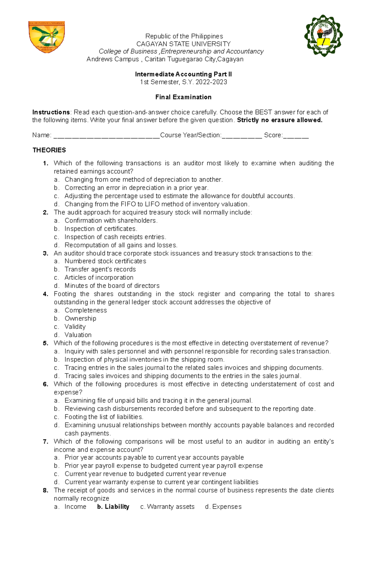 Final Exam Answers for Intermediate Accounting (ACT 202) - Studocu