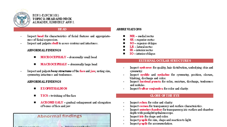 NCM 101 PART 2: HEAD AND NECK ASSESSMENT SEMI-FINAL NOTES - Studocu