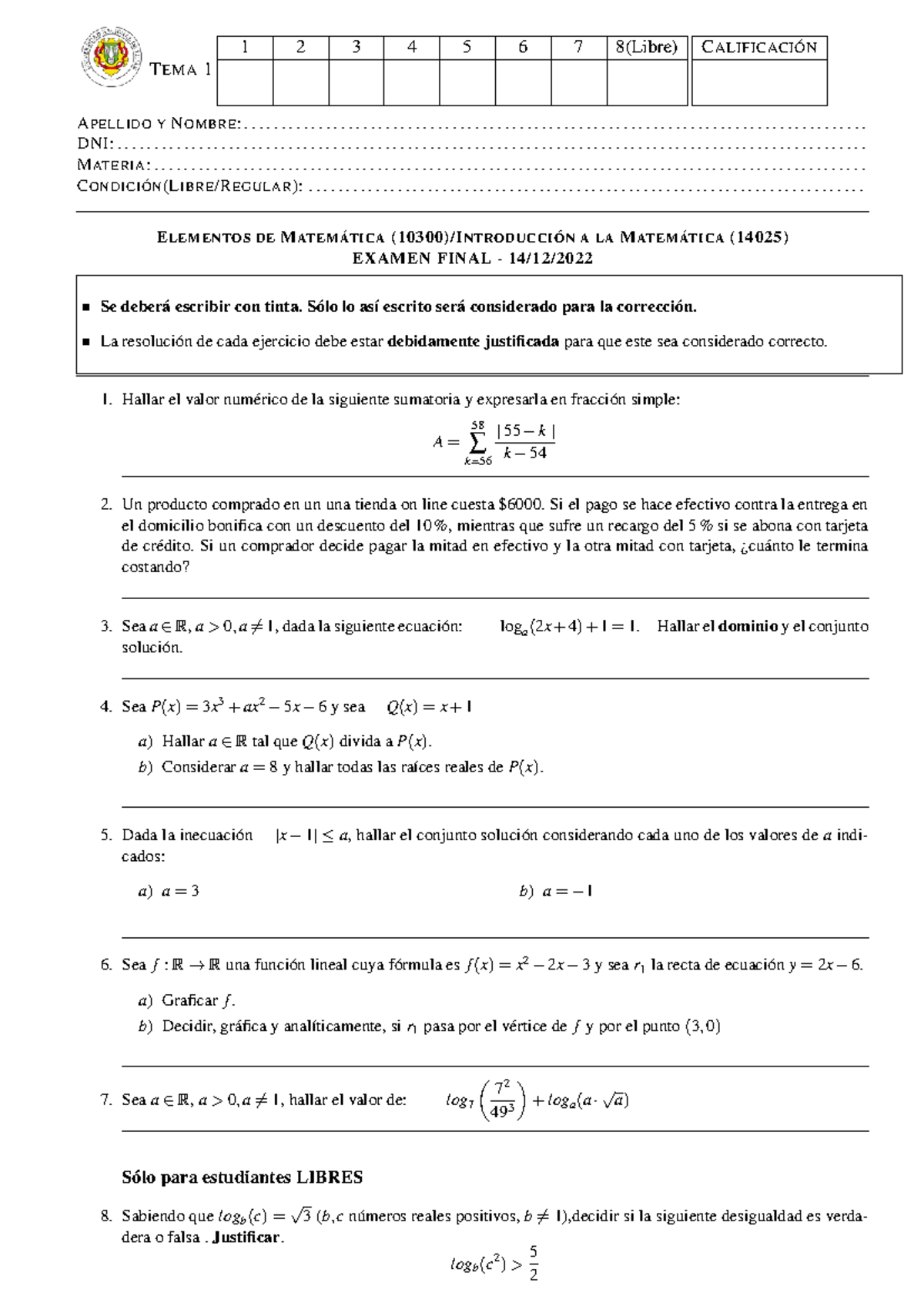 Modelos DE Final - mate 1 - TEMA 1 1 2 3 4 5 6 7 8(Libre) CALIFICACIÓN ...