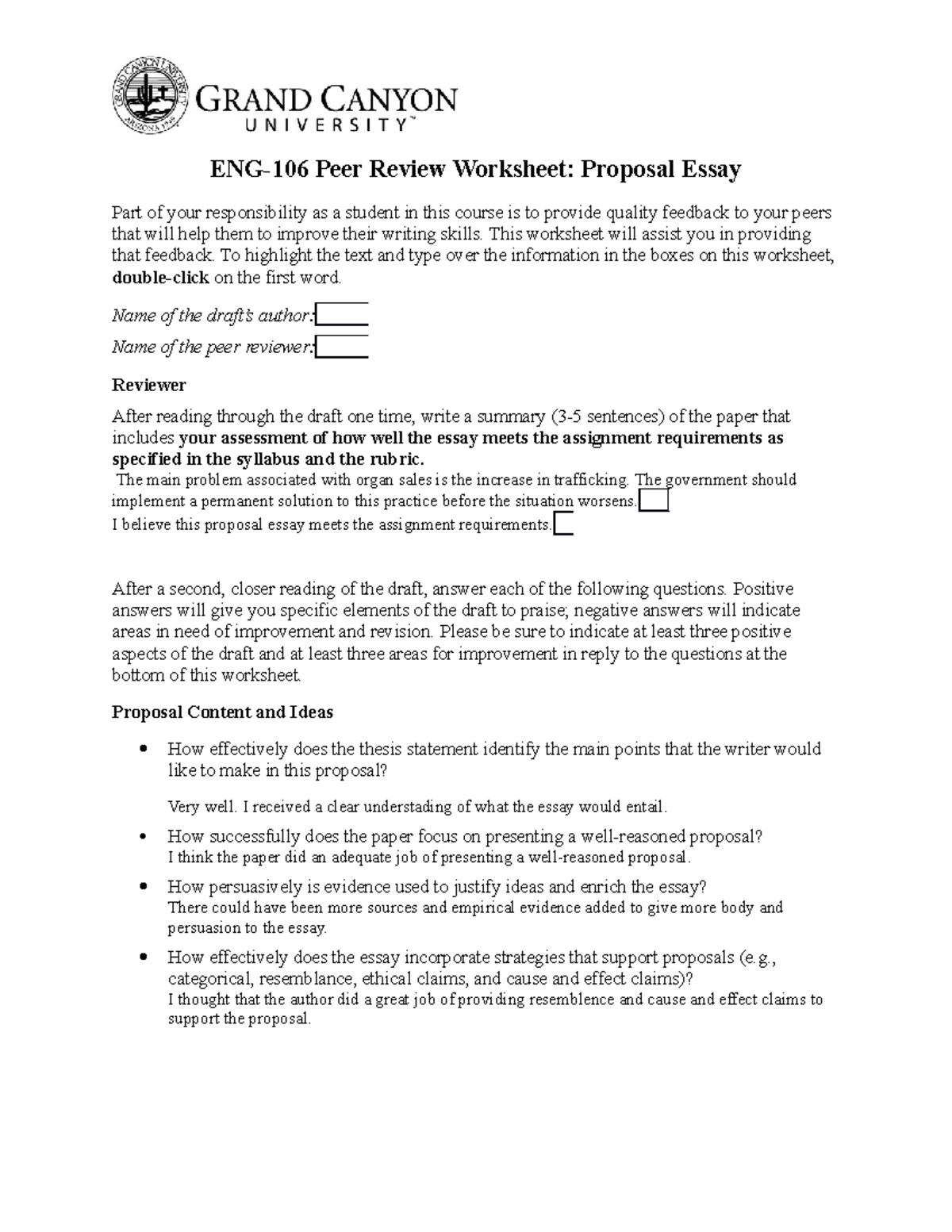 ENG-106 Proposal Essay Peer Review Worksheet Guide - Studocu
