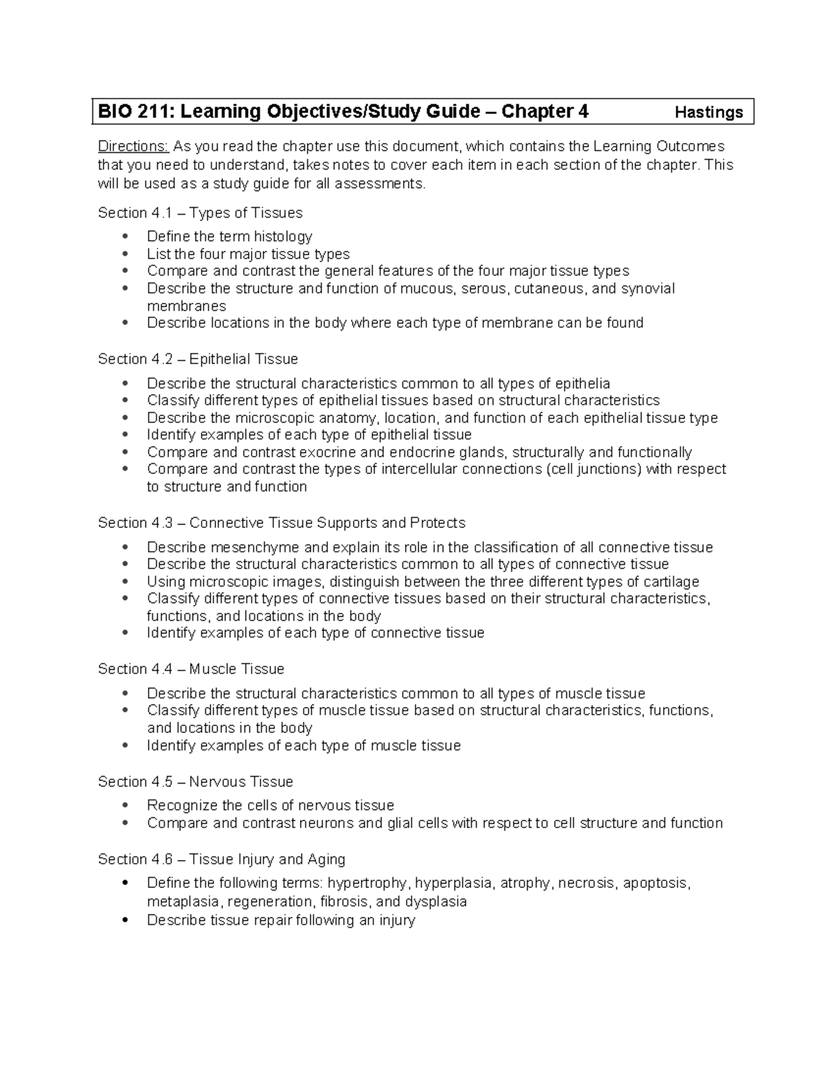 BIO 211: Study Guide for Chapter 4 - Tissue Types and Functions - BIO ...