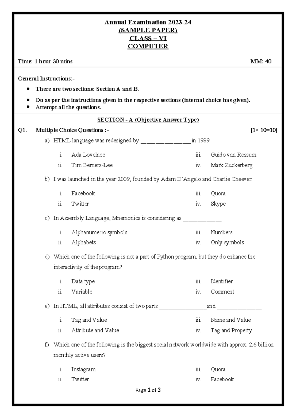 Annual Exam Sample Paper (CLASS VI COMPUTER) - 1.5 Hours - Studocu