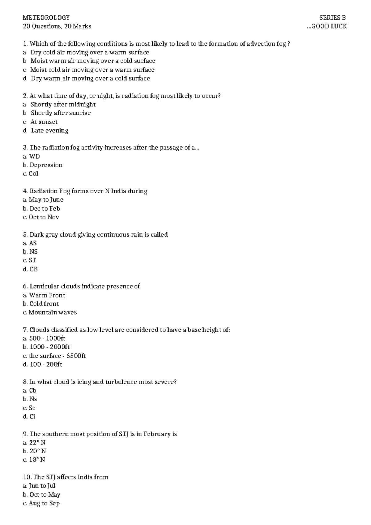 METEOROLOGY 20 Questions for 20 Marks - Exam Prep for Met B-1 - Studocu