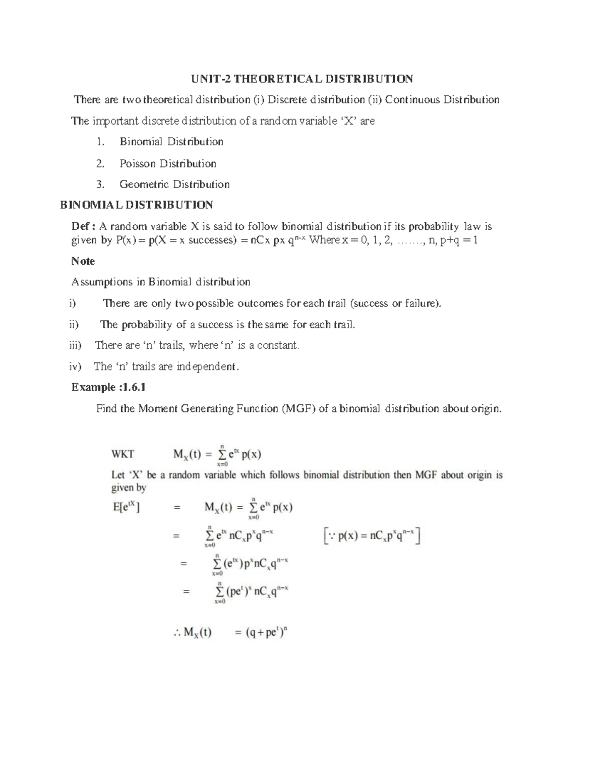 Unit 2: Theoretical Distributions - Binomial & Poisson Overview - Studocu