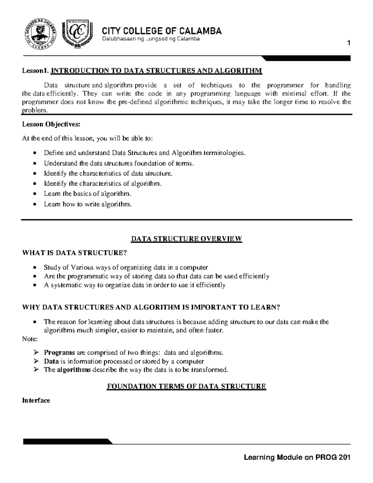 Lesson 1 - Data structure and algorithm provide a set of techniques to ...