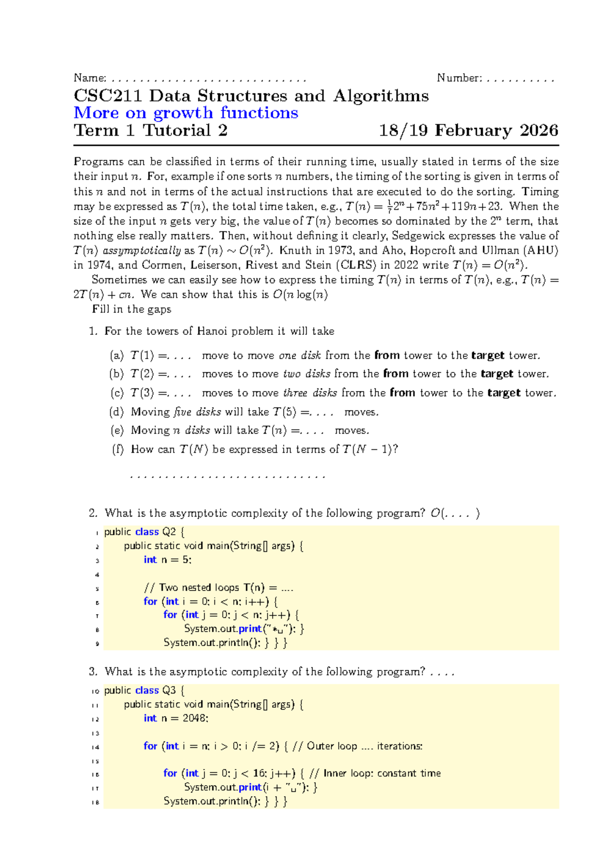 CSC211 Term 1 Tutorial 2: Data Structures & Algorithms Insights - Studocu
