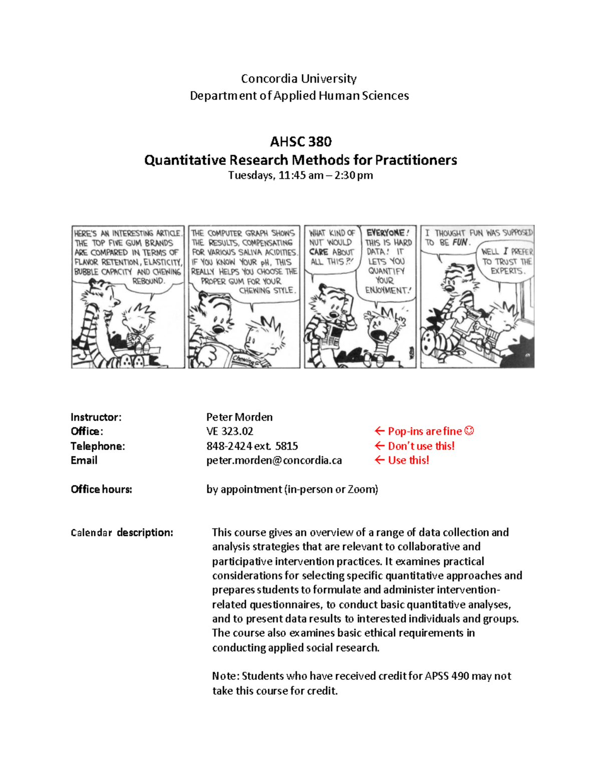 AHSC 380: Quantitative Research Methods Overview and Course Outline ...