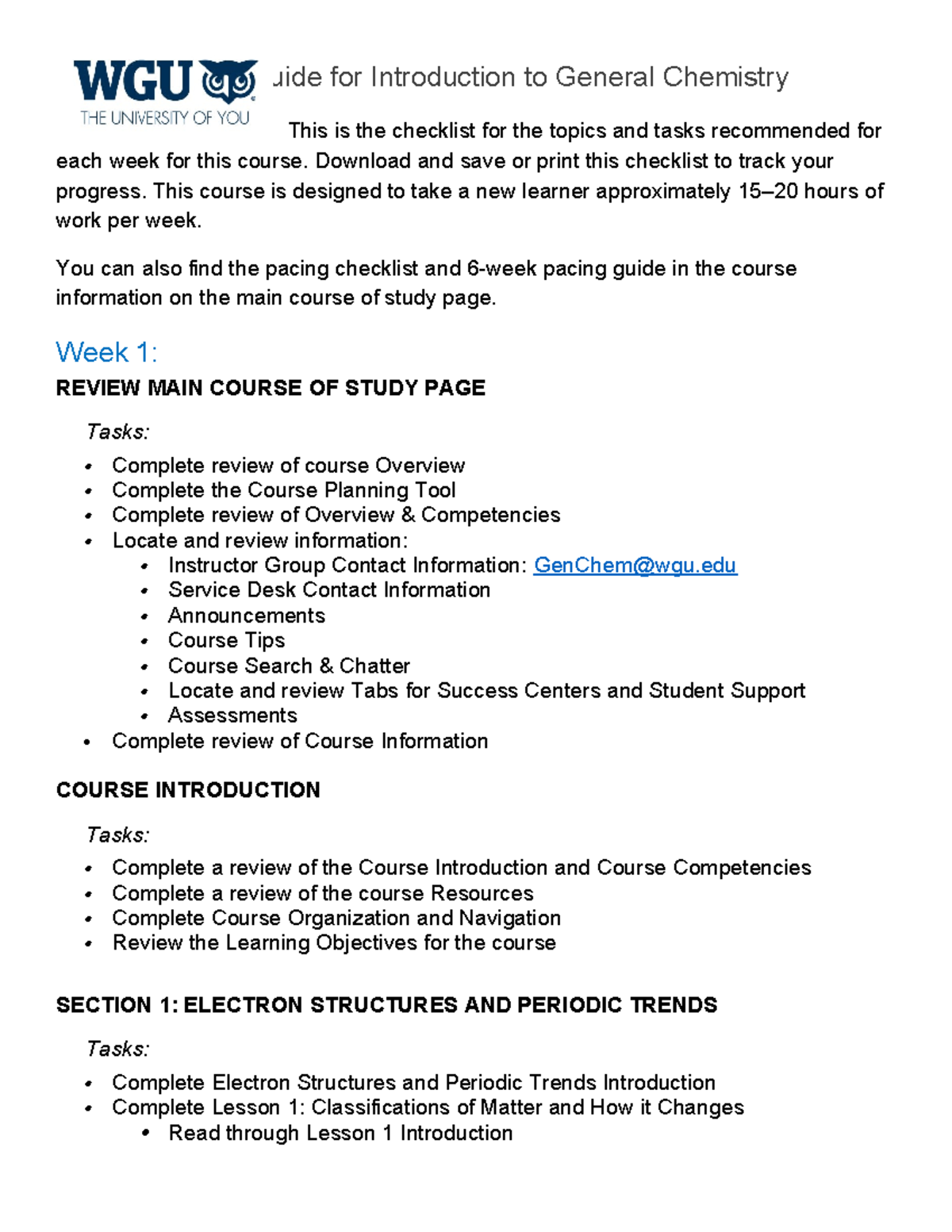D425 v1 3-Week Pacing Guide for Chemistry Course Tasks - Studocu