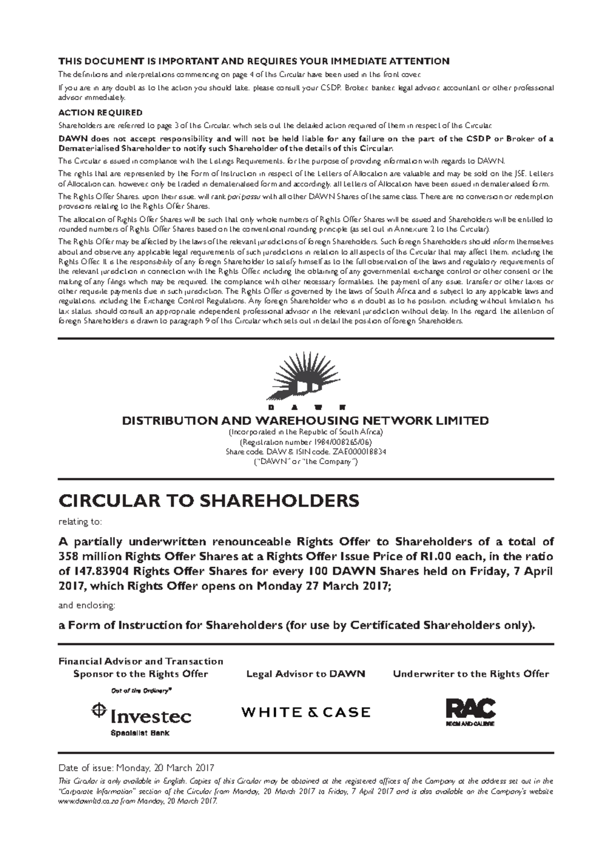 DAWN Rights Offer Circular - Important Details for Shareholders - Studocu