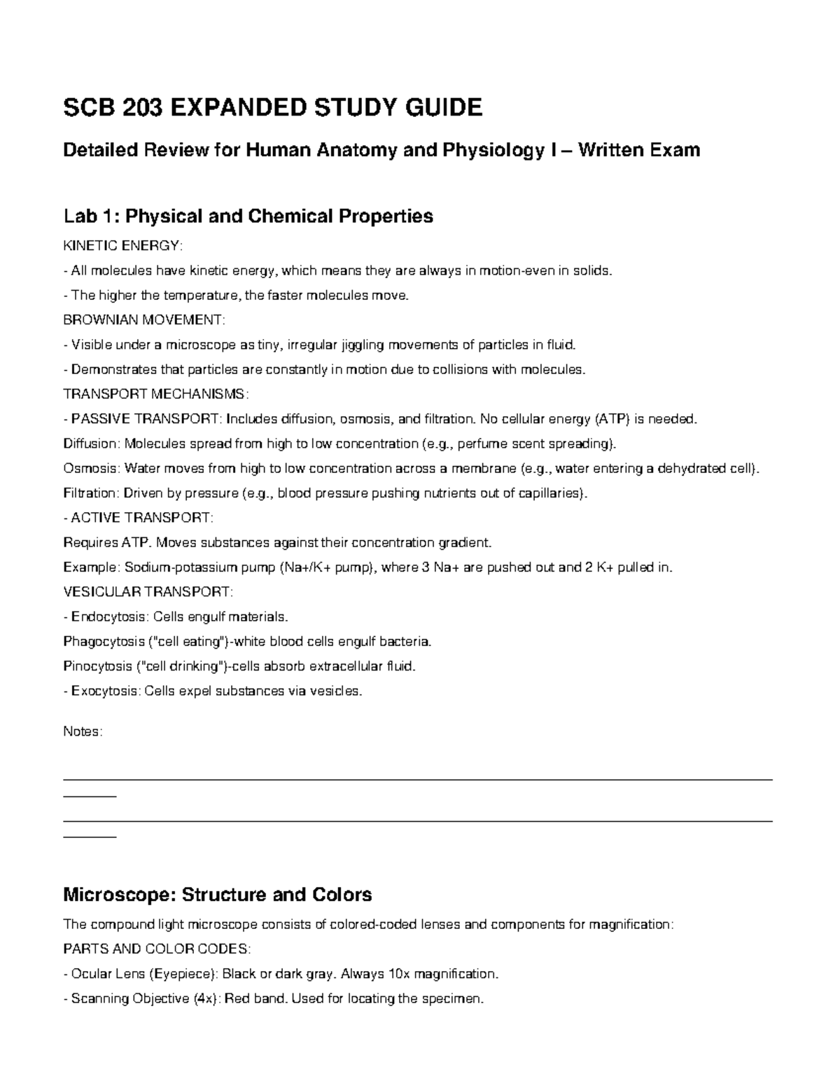 SCB 203 Anatomy & Physiology I: Test 1 Study Guide - Studocu