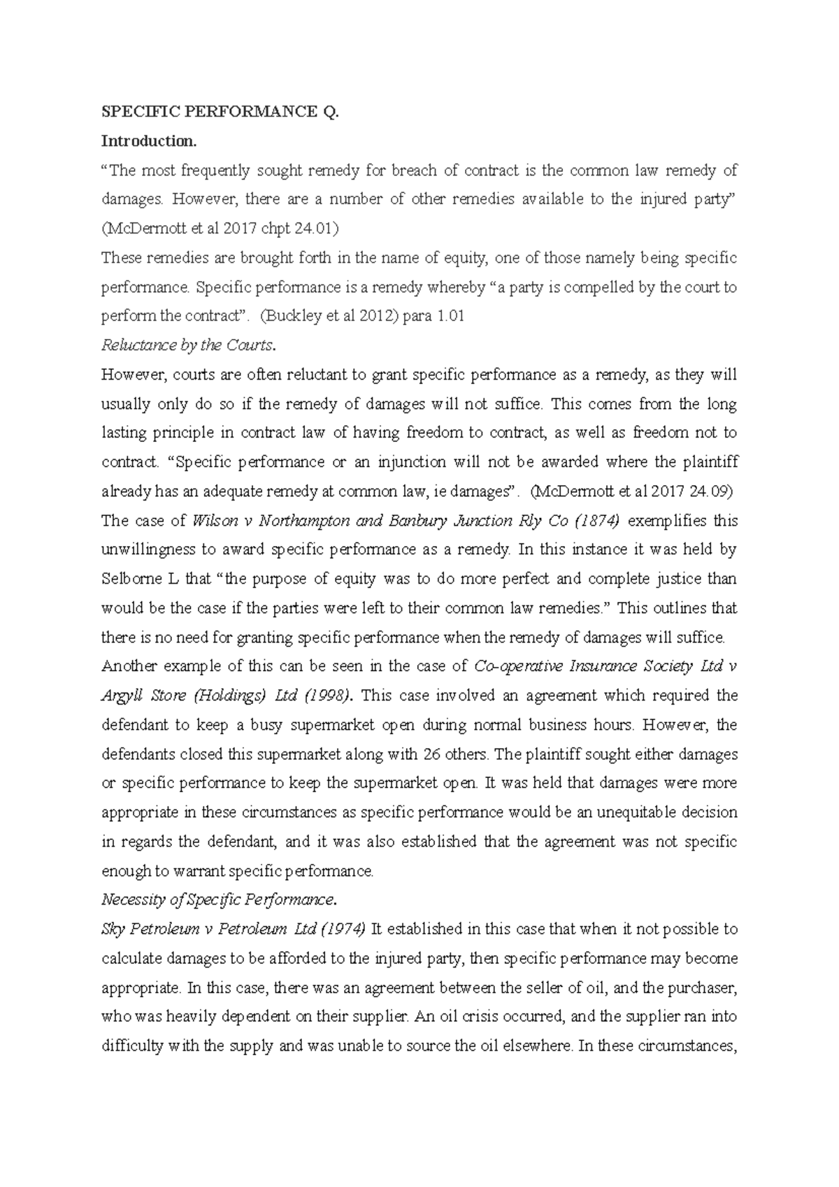Specific Performance - Cases + Definitions - SPECIFIC PERFORMANCE Q ...