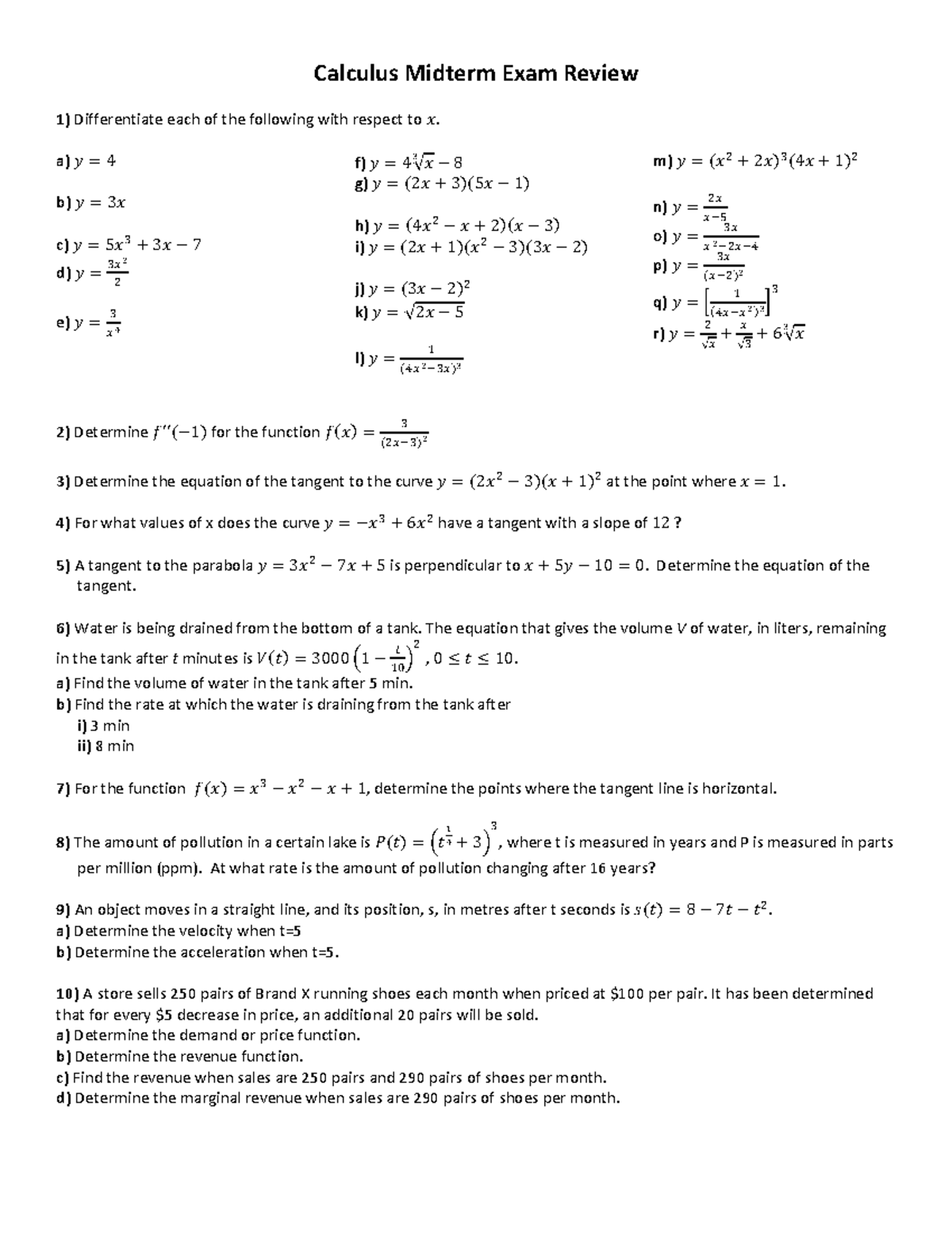 Calculus (MATH 101) Midterm Exam Review: Differentiation Practice - Studocu