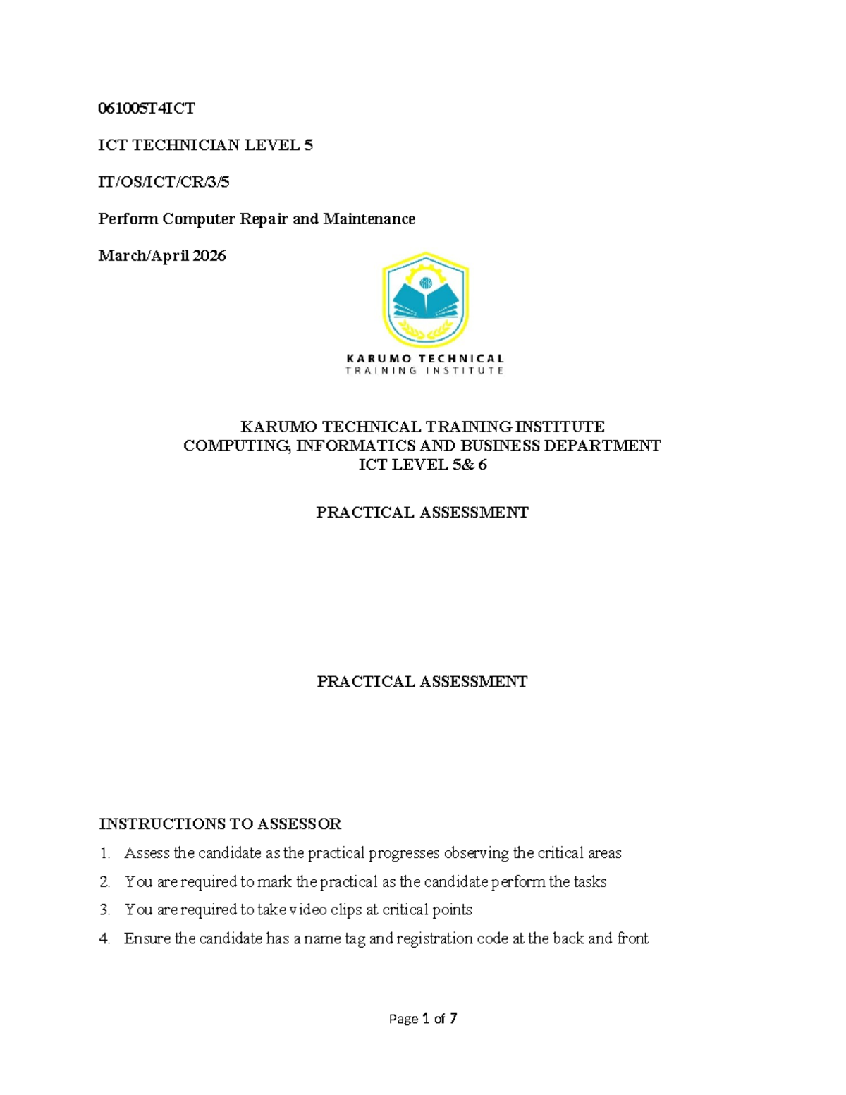 061005T4ICT ICT TECHNICIAN LEVEL 5 Computer Repair & Maintenance ...
