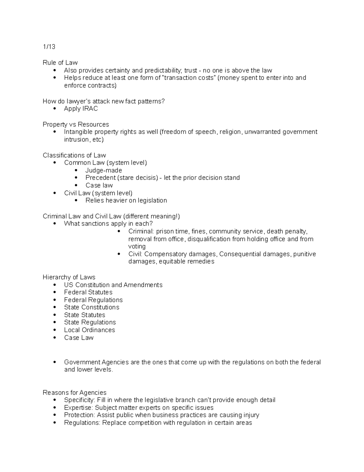 LEGL 2700 Exam 1 Study Notes on Law Classifications and Agencies - Studocu
