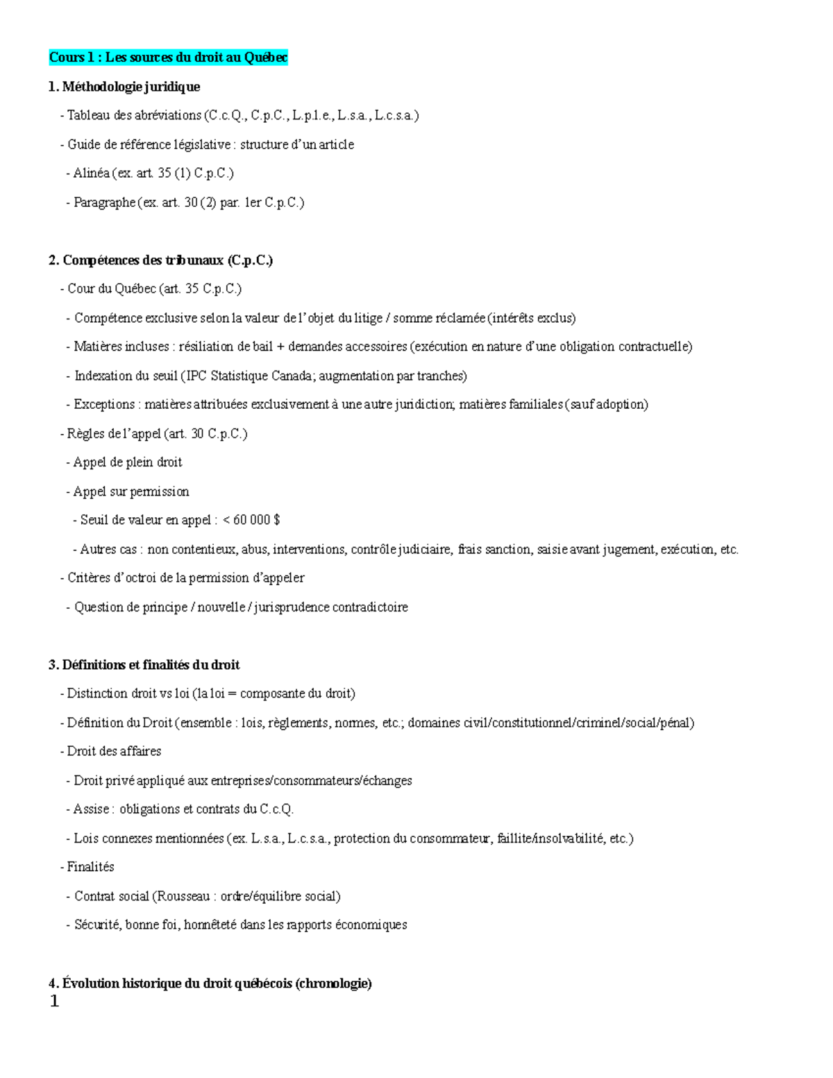 Résumé des Sources du Droit au Québec (JUR 1031) - Notes de Cours Mi ...