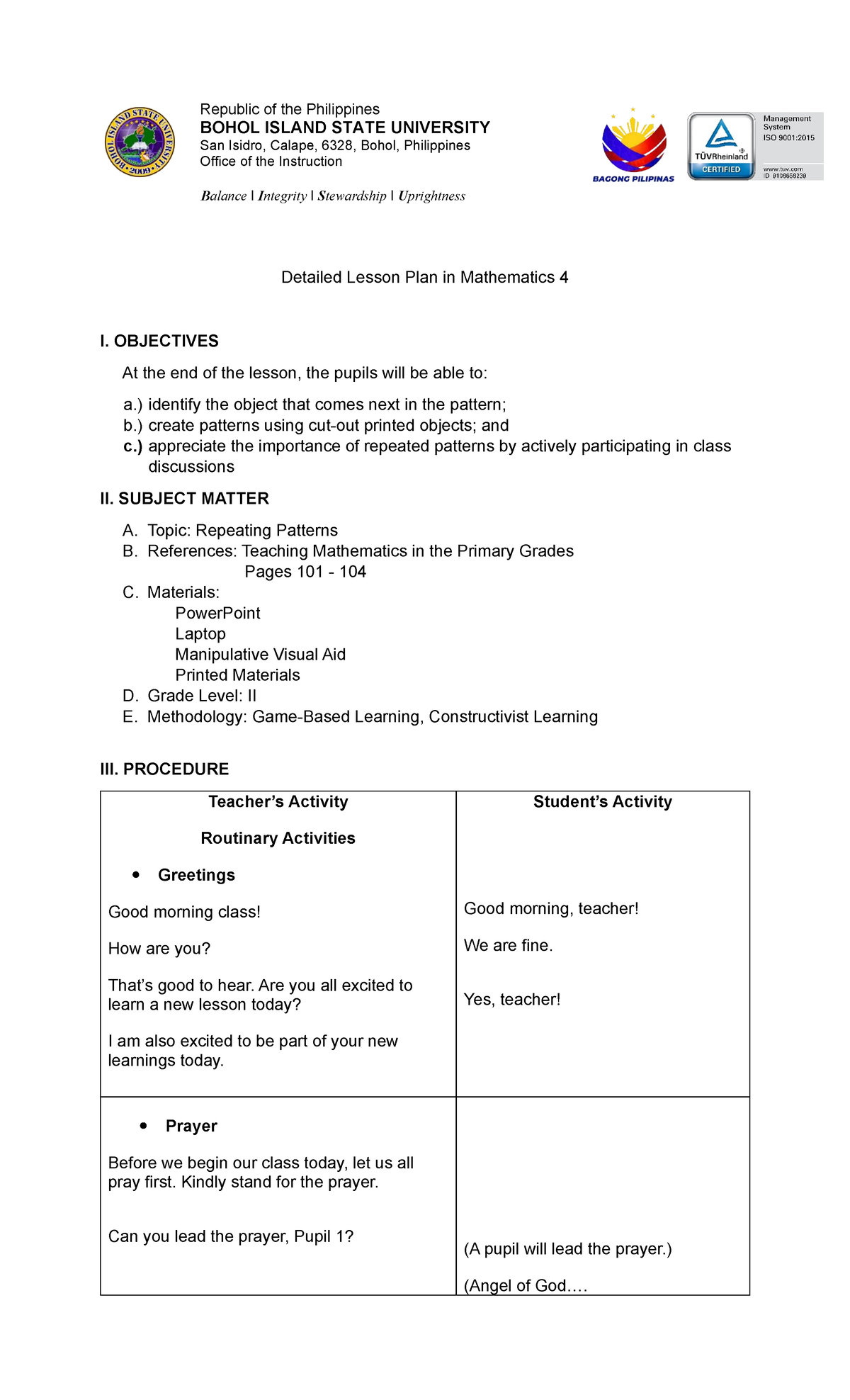 Detailed Lesson Plan in Mathematics 4: Repeating Patterns - Studocu