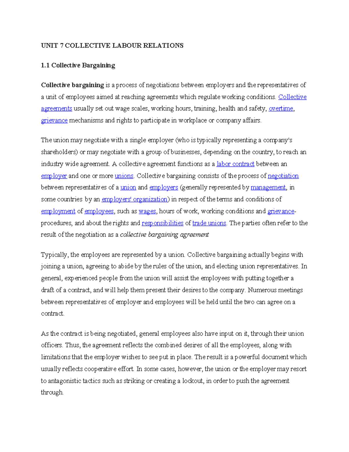 Unit 7 Employment Law: Collective Labour Relations Notes - Studocu