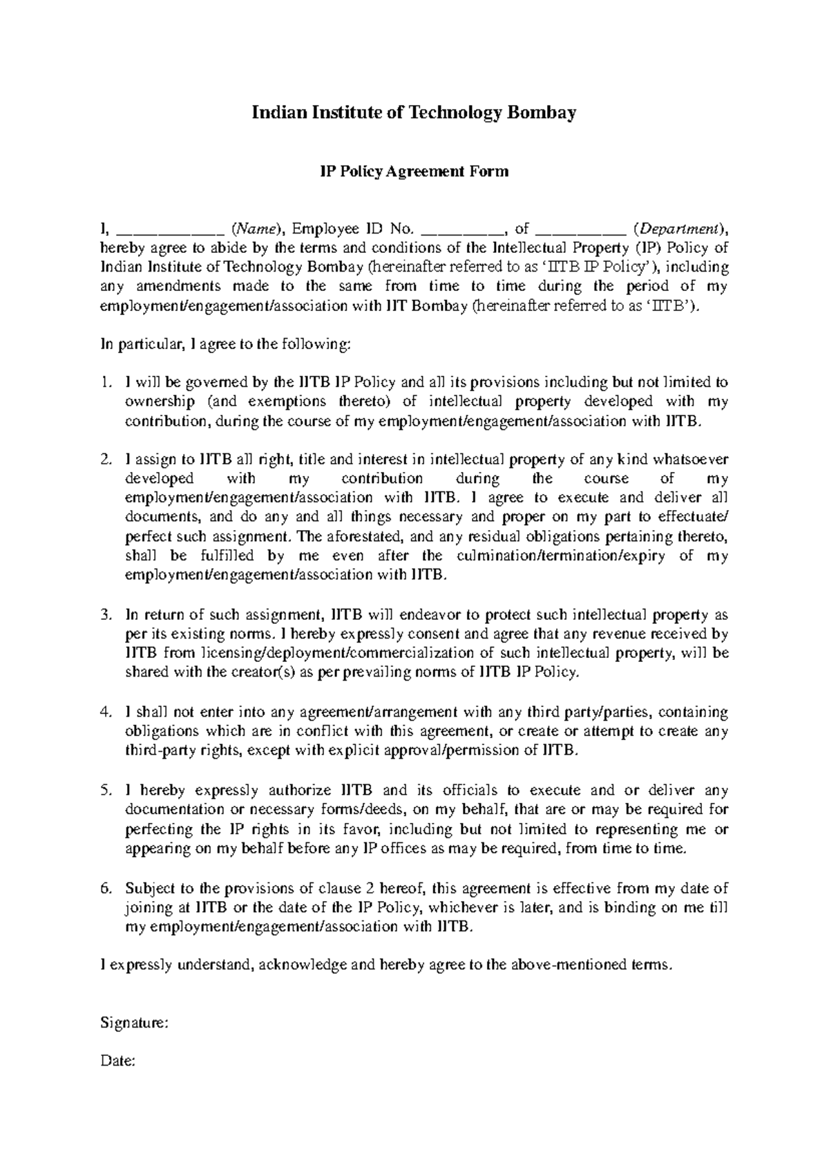 IIT Bombay IP Policy Acceptance Form for Project Staff - Studocu