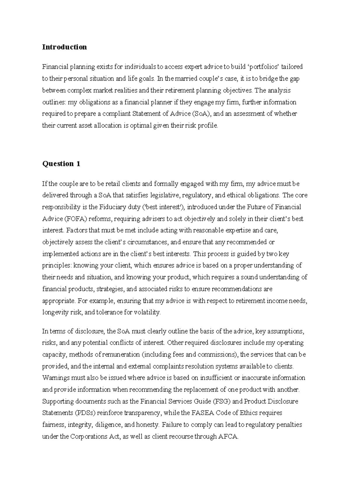 Assignment 1: Financial Planning and Statement of Advice Compliance ...