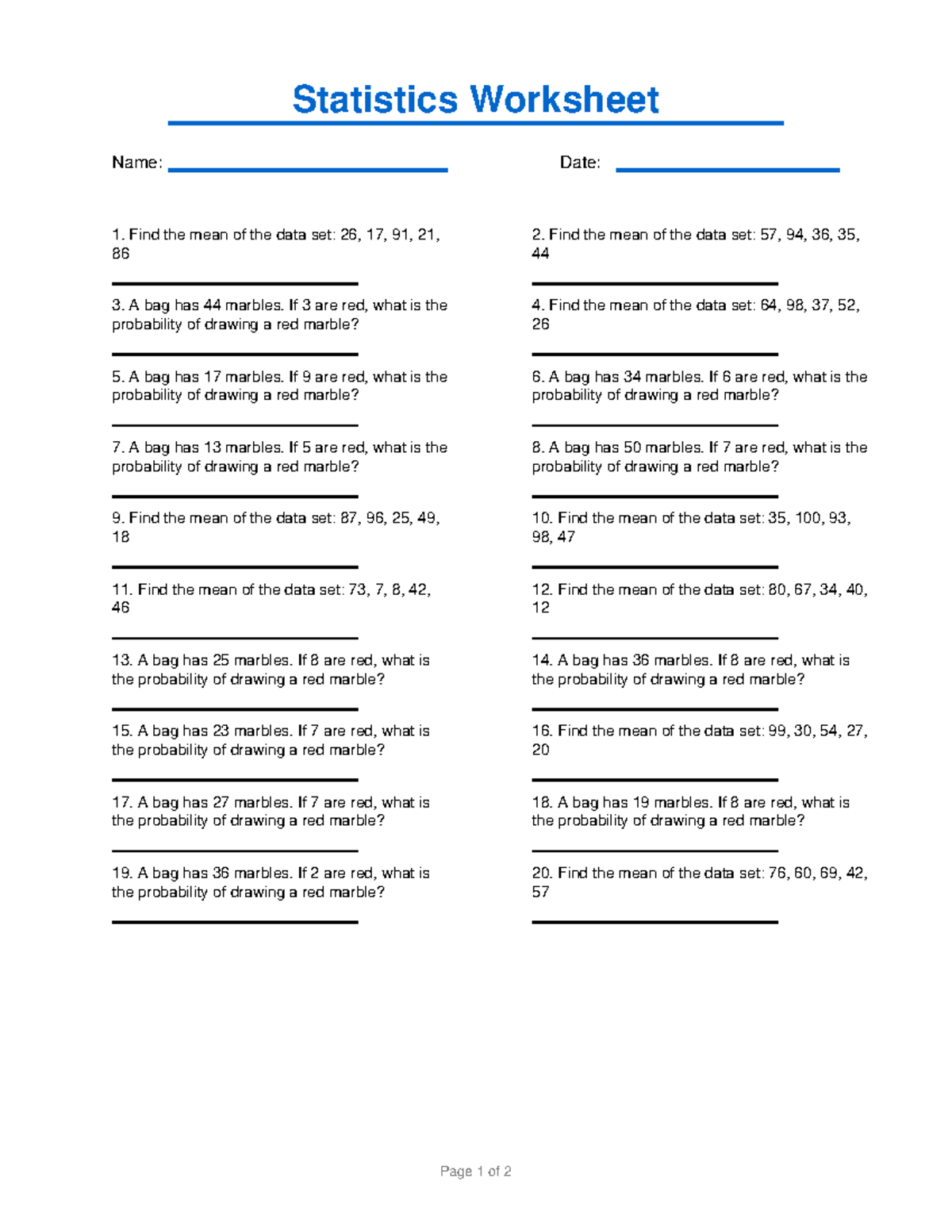 Statistics Worksheet 8: Mean & Probability Problems - Studocu