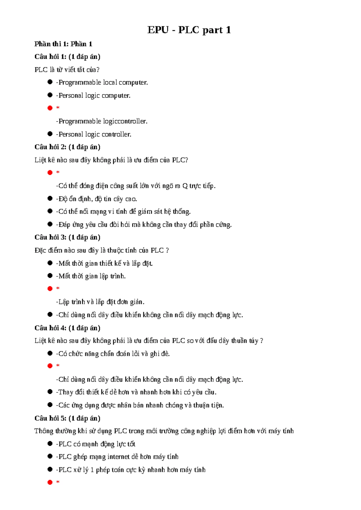 EPU - PLC Part 3: Practice Questions for Exam Preparation - Studocu