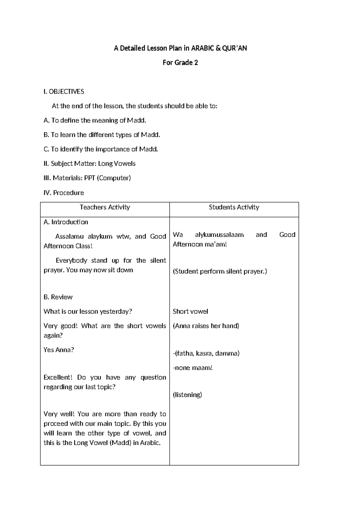 A Detailed Lesson PLAN IN Arabic & QUR'ANc and Quran A Detailed