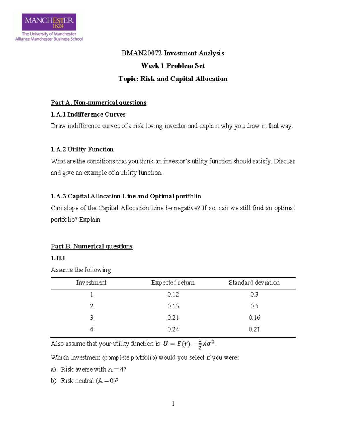 BMAN20072 Investment Analysis Week 1 Problem Set: Risk & Capital ...