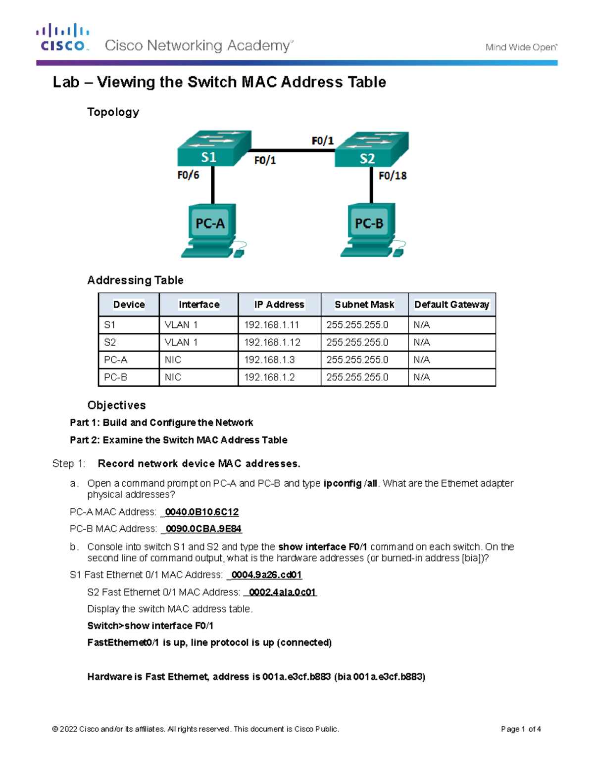 Lab - Viewing the Switch MAC Address Table - Lab – Viewing the Switch ...