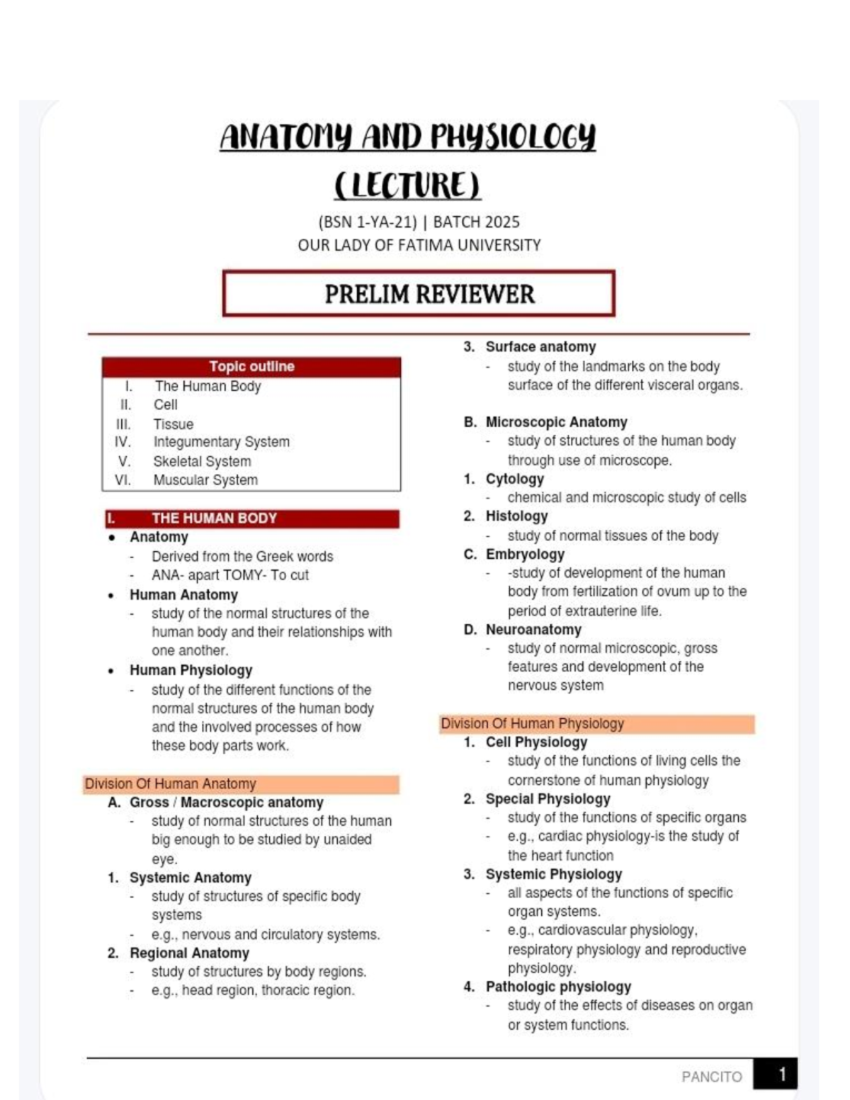 Anaphy-BSN I 2025- Prelim Reviewer Notes on Anatomy & Physiology - Studocu
