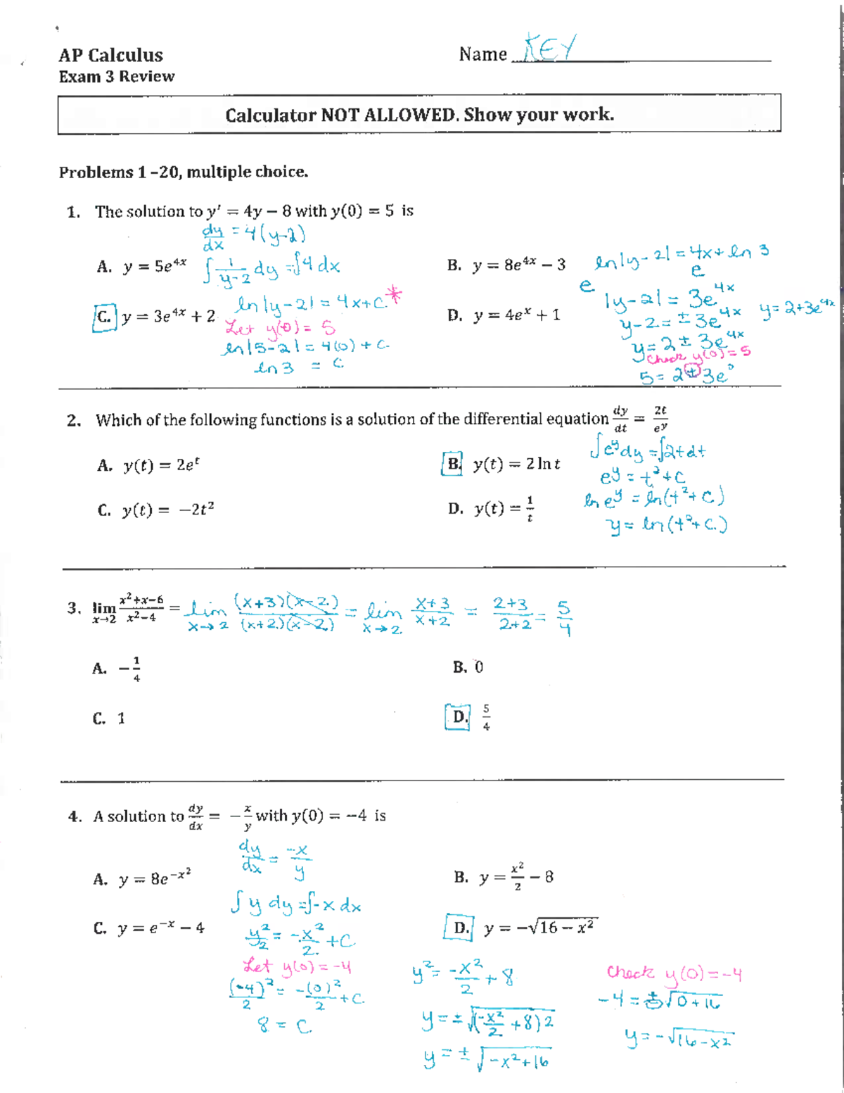 AP Calculus Exam 3 Review - Answer Sheet & Solutions Key - Studocu