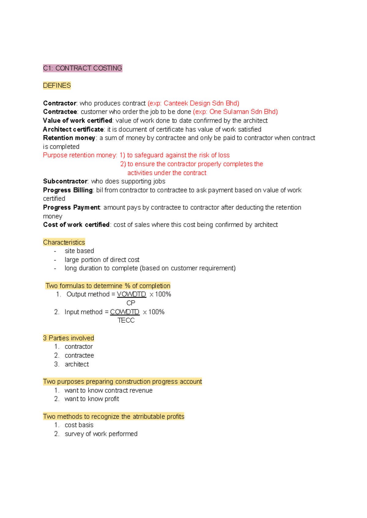 C1: CONTRACT COSTING & CVP ANALYSIS NOTES - Studocu