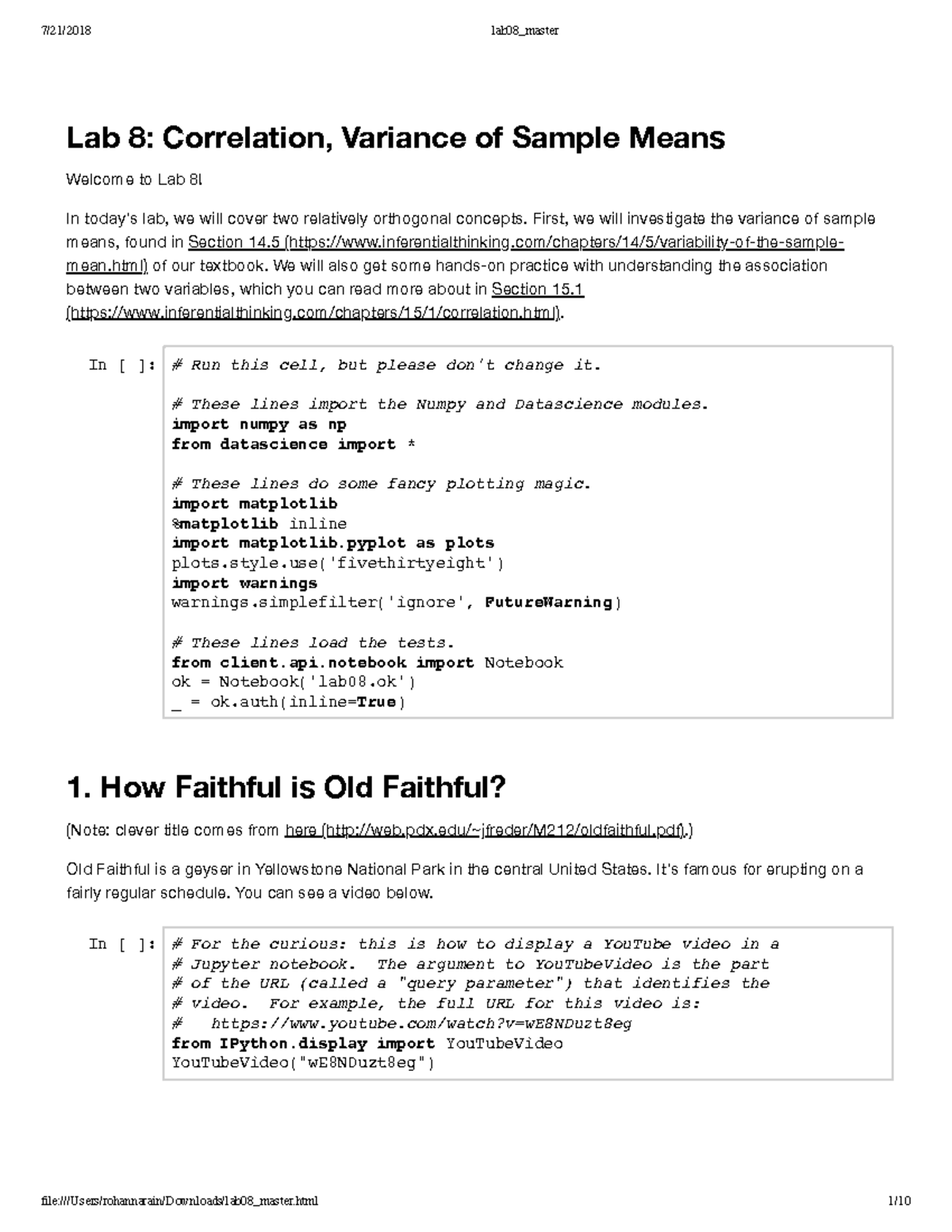 Lab 08 Solutions: Correlation & Variance of Sample Means - Studocu