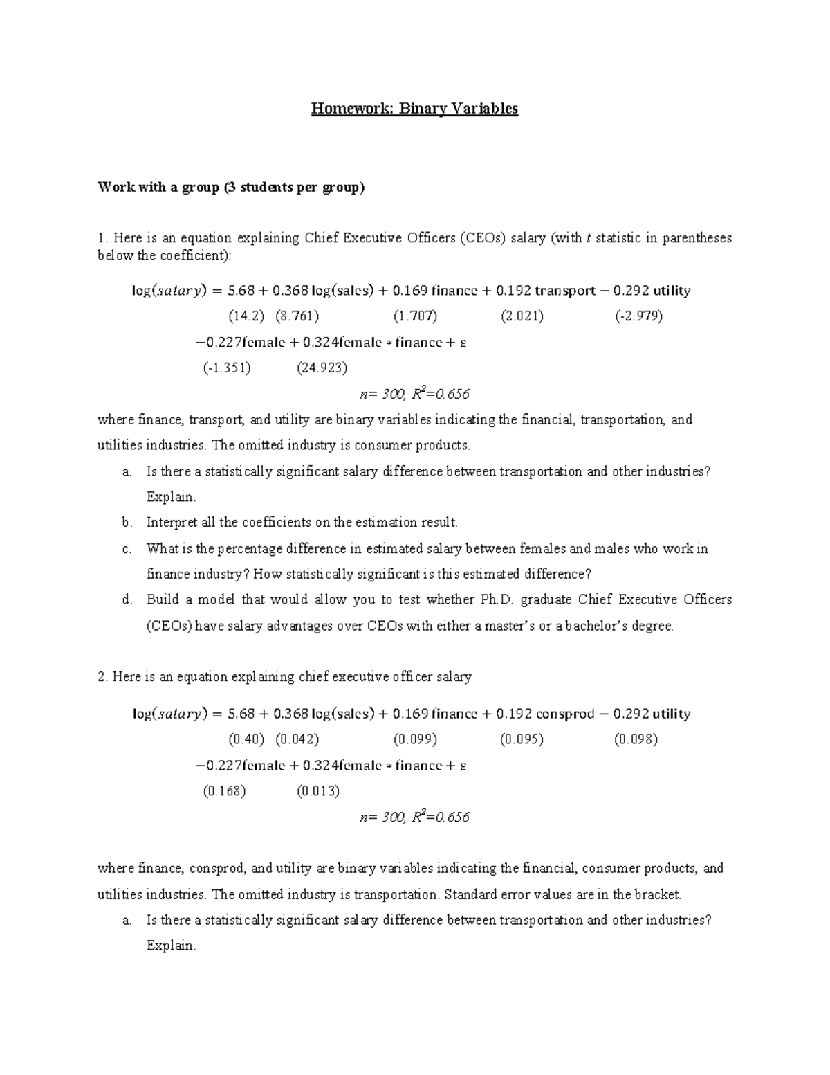 Homework binary variables 2022 - Homework: Binary Variables Work with a ...