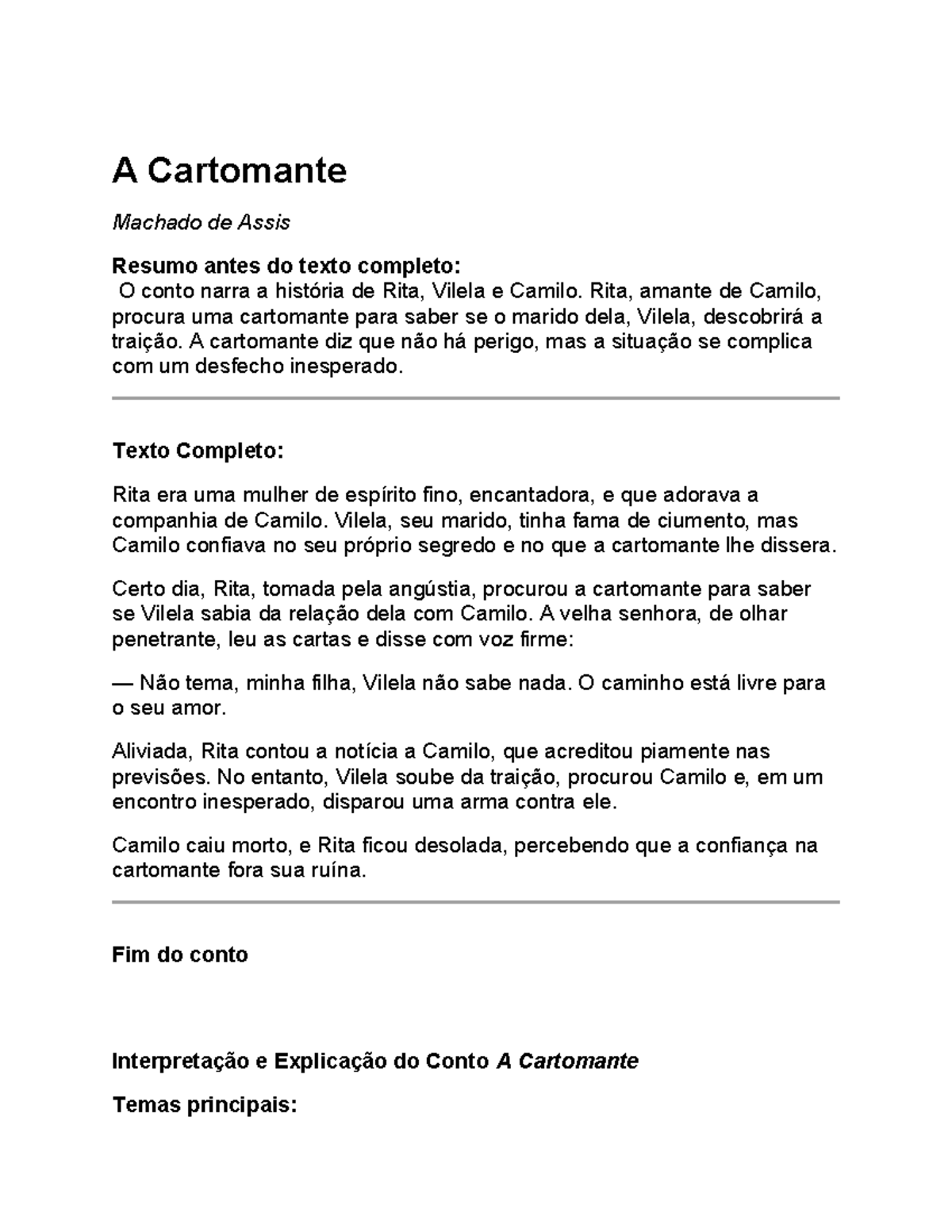 A Cartomante - Resumo e Análise do Conto de Machado de Assis - Studocu