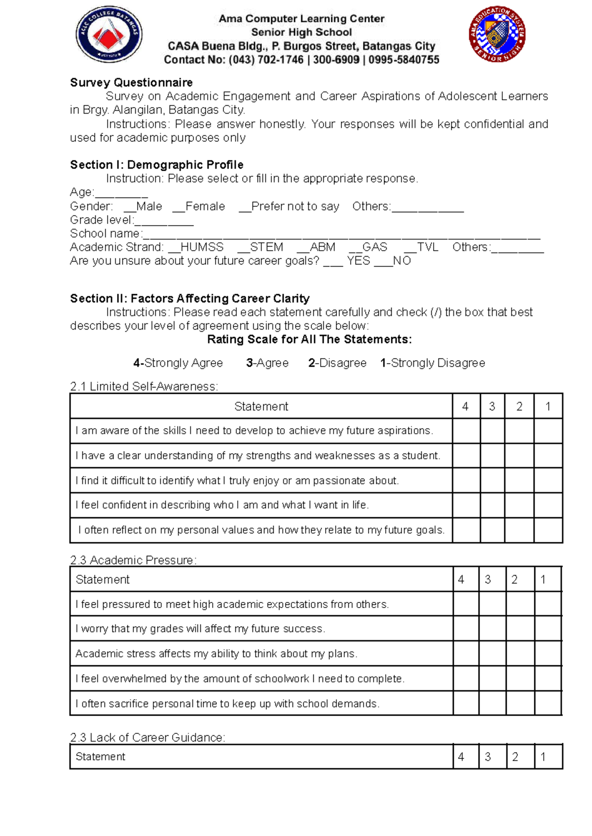 PR2 SQ - Survey on Academic Engagement & Career Aspirations - Studocu