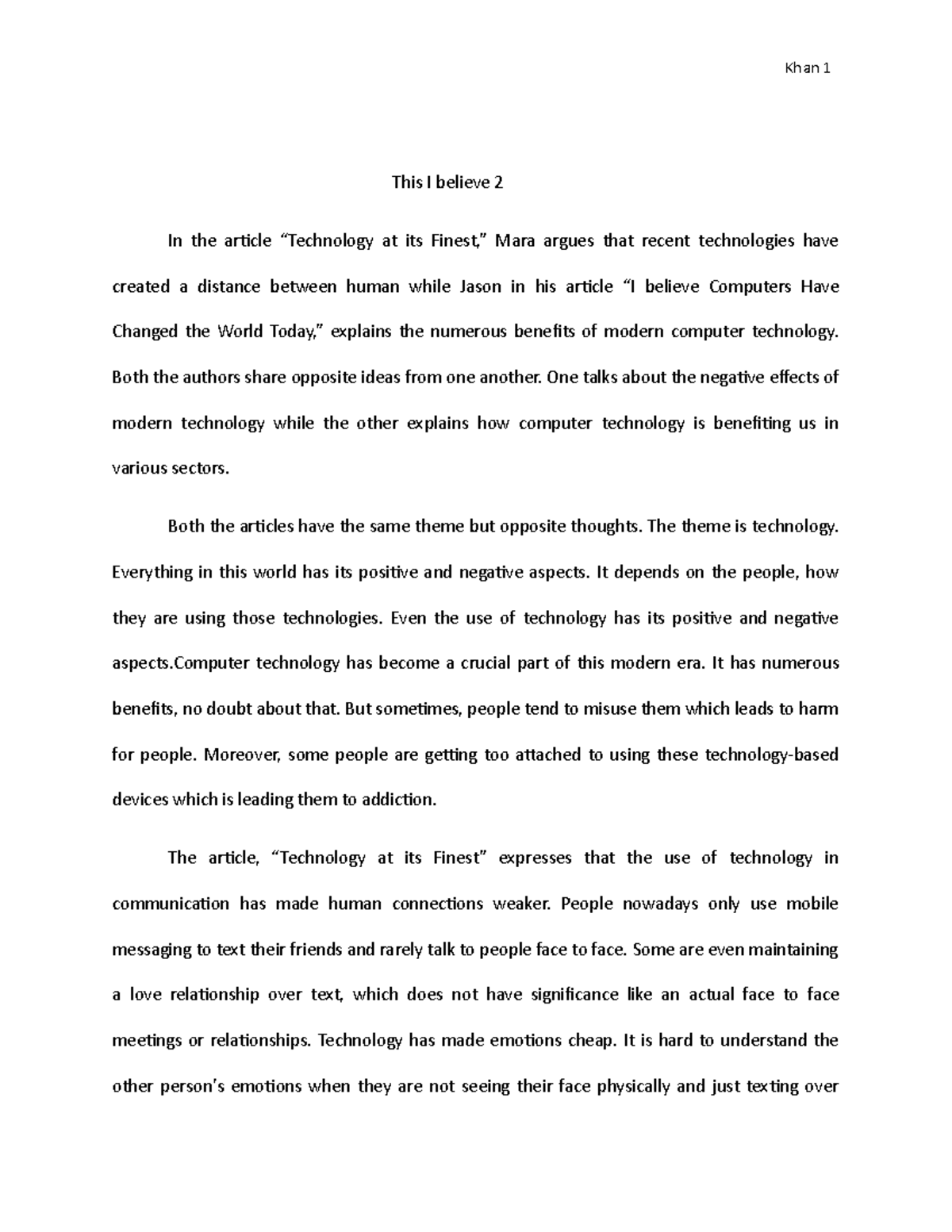 Reflection Paper on Technology: Perspectives from Two Articles - Studocu