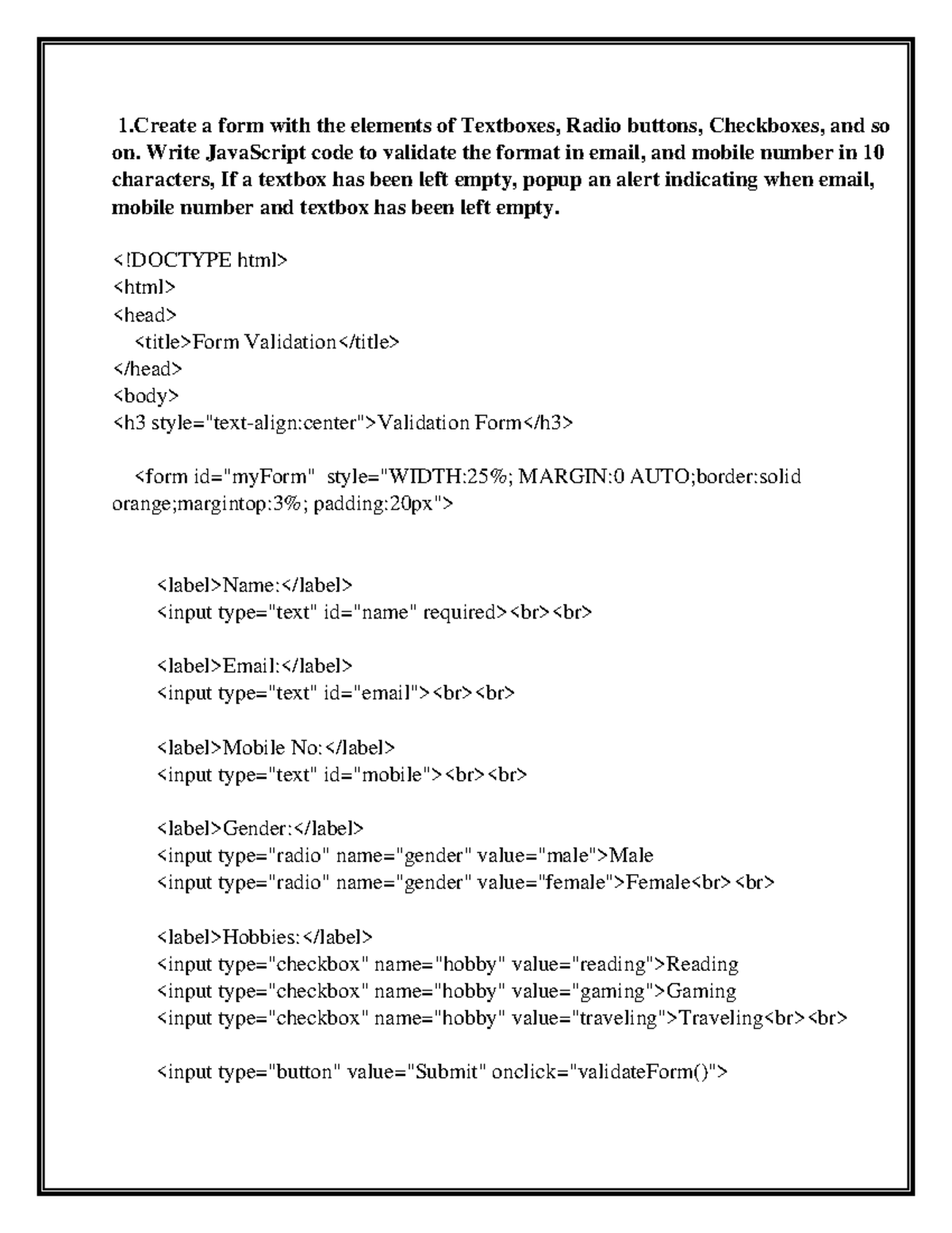 JavaScript Form Validation and Dynamic Effects - BCA Lab Manual - Document Preview