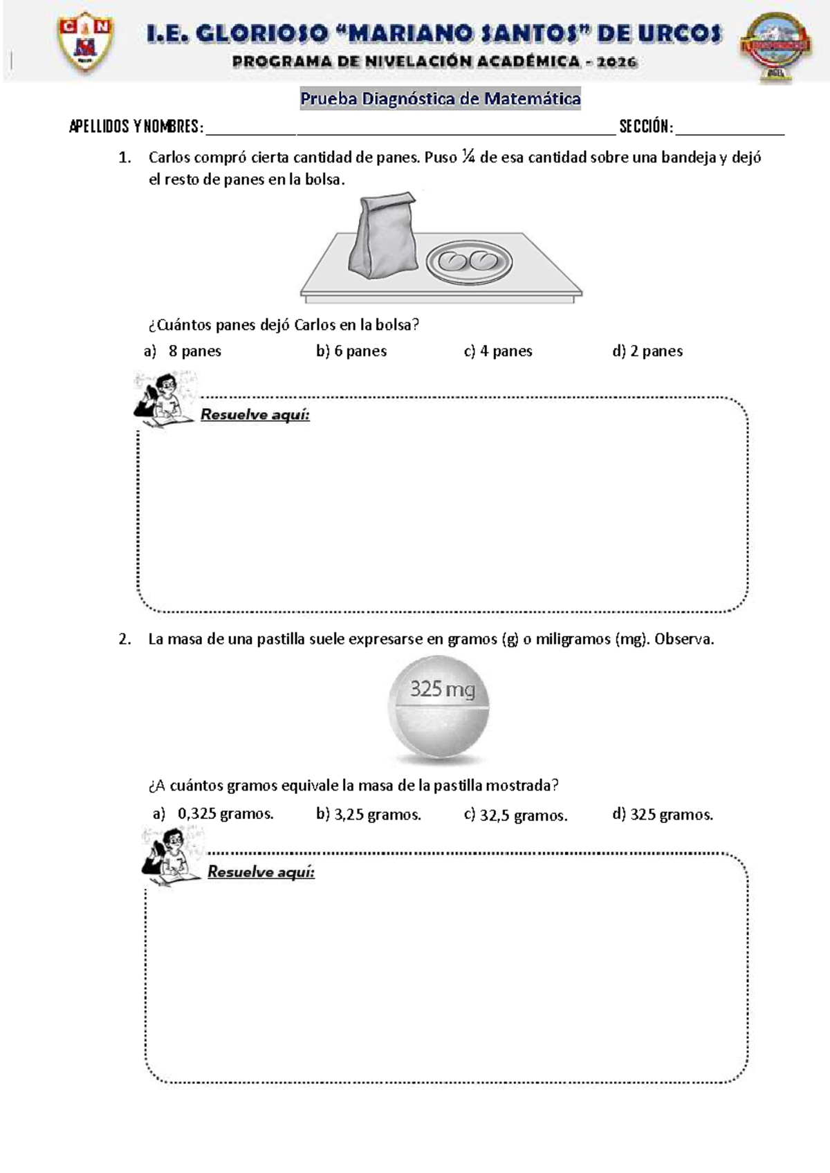 Prueba Diagnóstica de Matemáticas 2026: Ejercicios y Respuestas - Document Preview