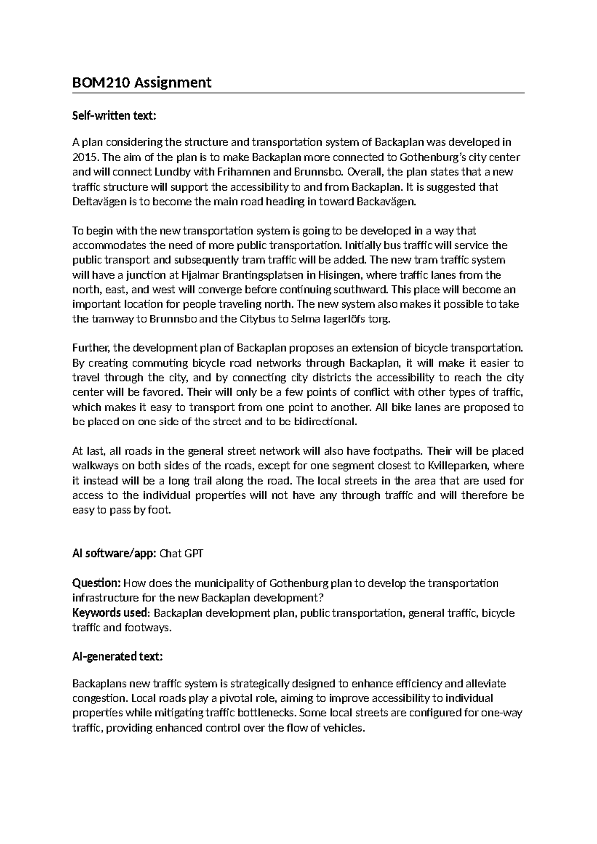 BOM210 Assignment: Transportation Development Plan for Backaplan - Studocu
