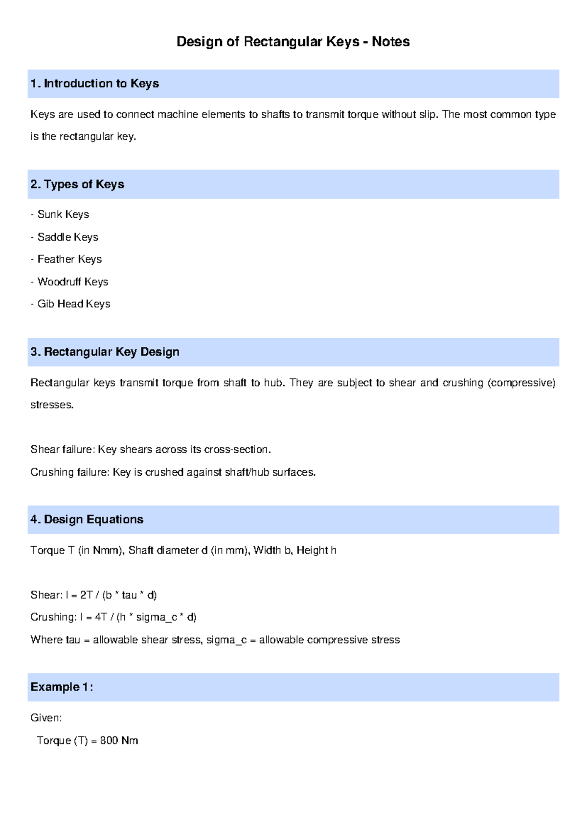 Design of Rectangular Keys Notes (ENG 101) with Examples - Studocu