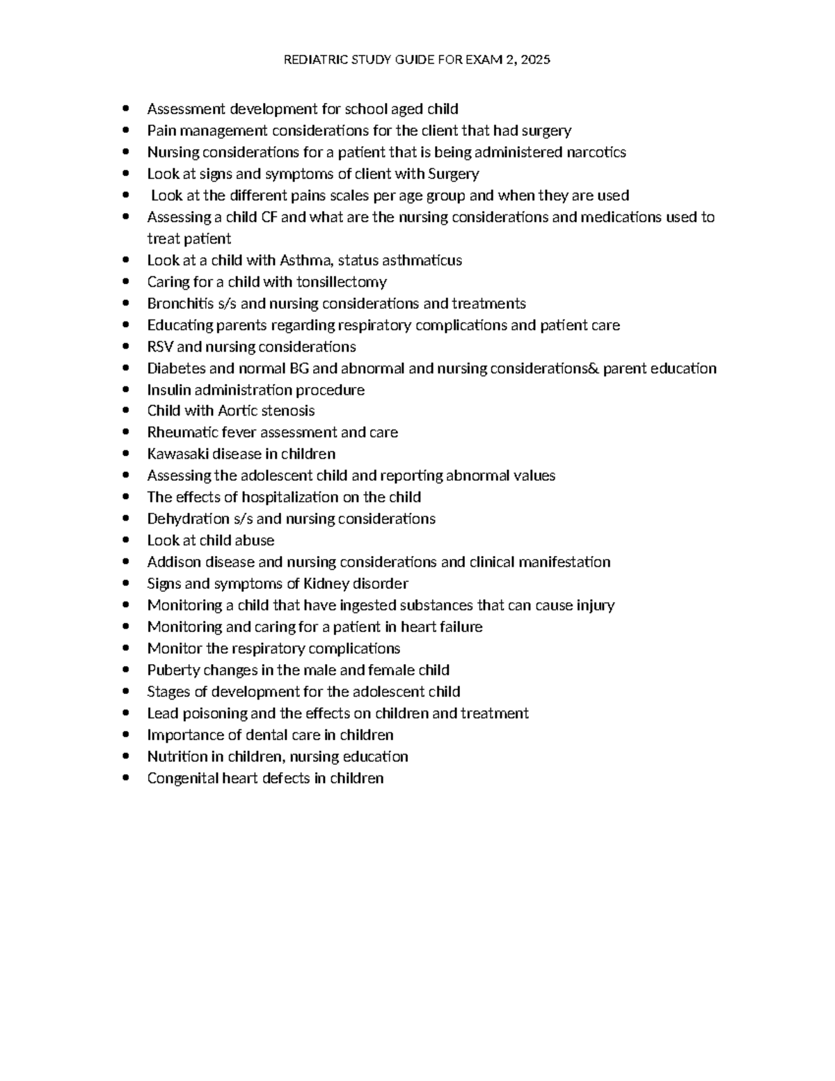 Pediatric Exam 2 Study Guide: Key Concepts & Nursing Care 2025 - Studocu