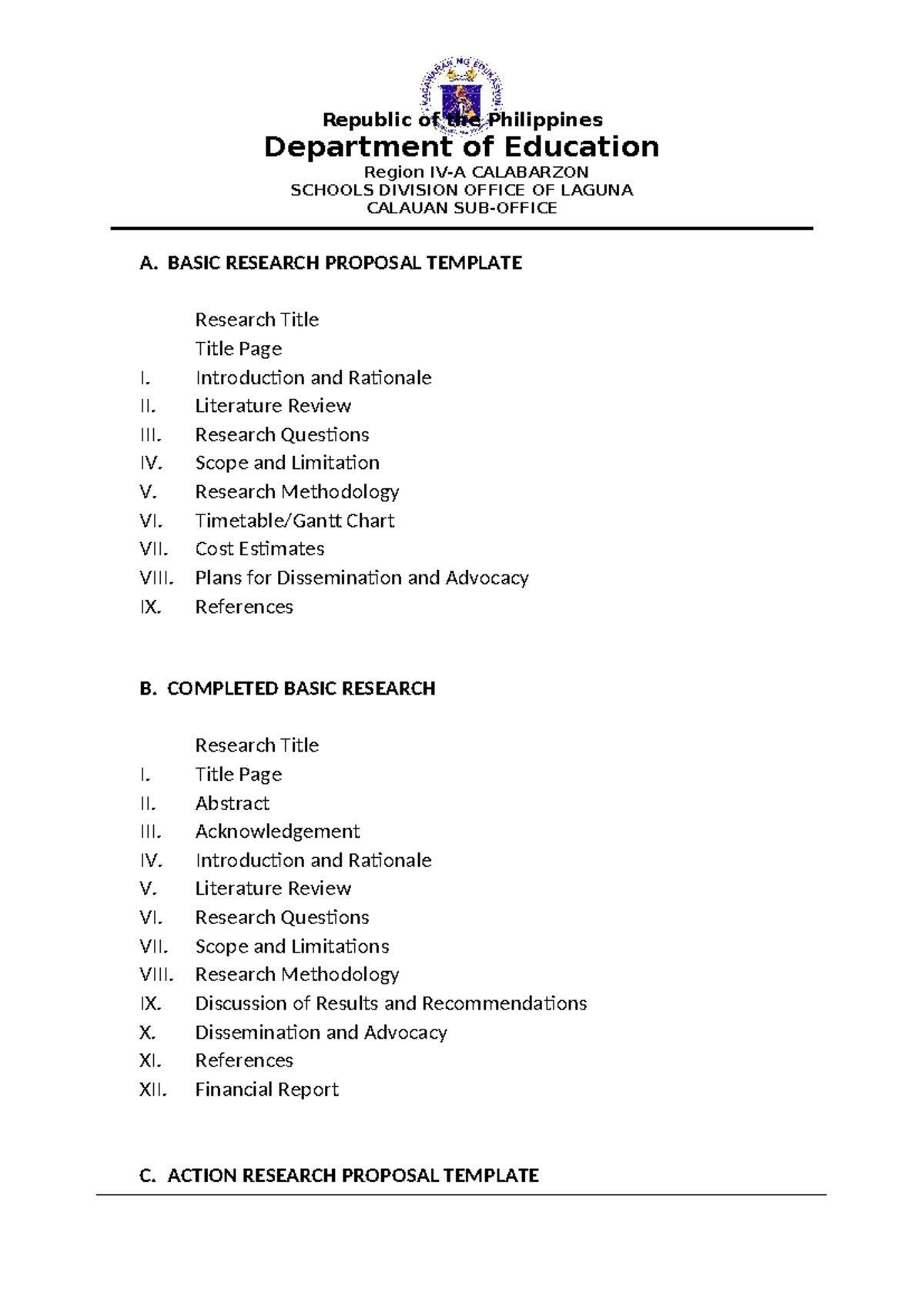 Research Proposal Template for Regional Studies in CALABARZON - Studocu
