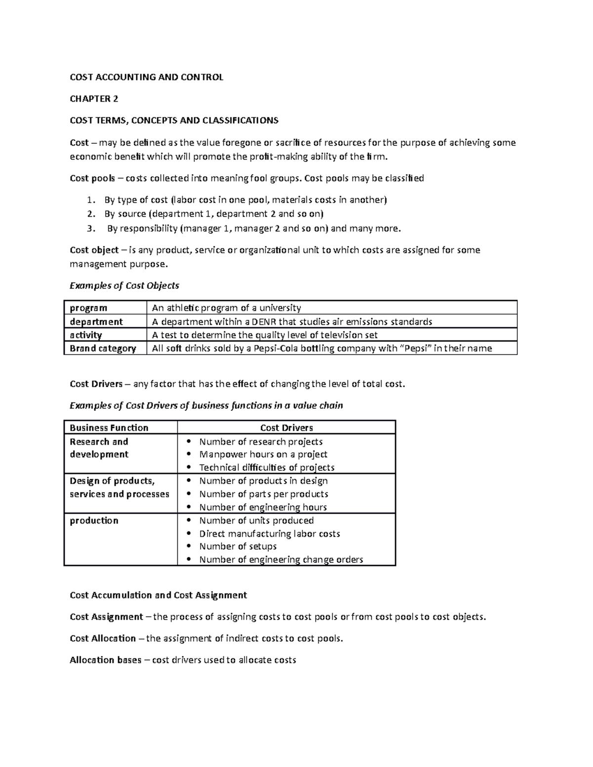 COST Accounting and Control: Chapter 2 Overview of Cost Classifications ...