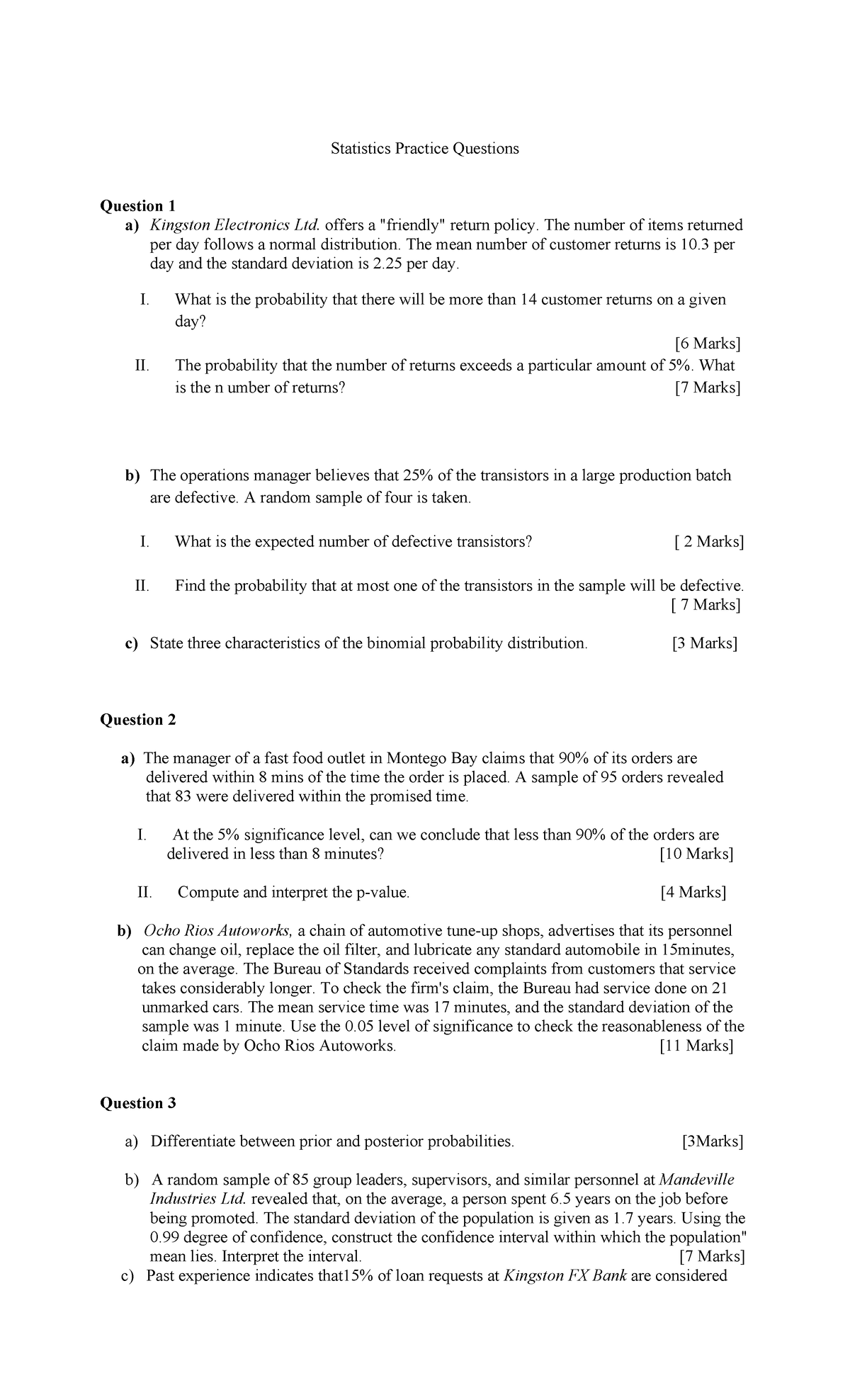 Stats Practice Questions for Course Code: STAT101 - Studocu